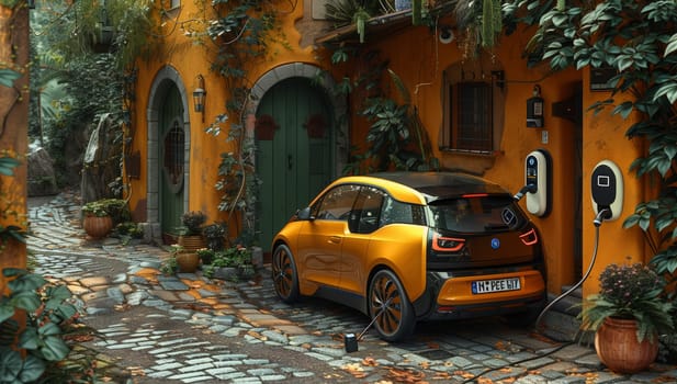 A yellow electric car is parked in front of a building, its tires and wheels shining under the automotive lighting. The ecofriendly vehicle stands out among the plantfilled surroundings