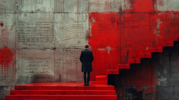 A man is standing on a set of red stairs, the facade of the building behind him is made of magenta bricks arranged in a rectangular pattern