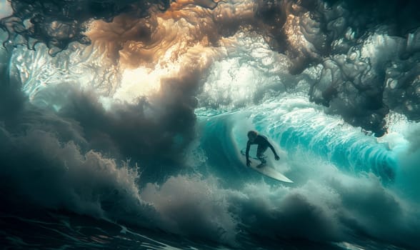 A man is surfing on a wind wave in the ocean, surrounded by the vast expanse of water, beneath a cloudy sky and the atmospheric elements of wind