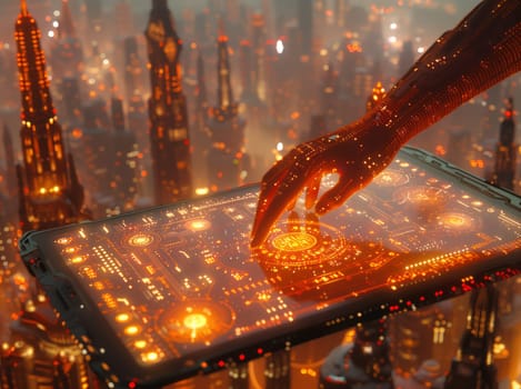 A hand is interacting with a futuristic tablet showcasing a cityscape. The display device is made of metal, emitting heat. The event combines art and delicacy