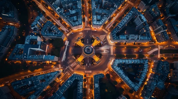 an aerial view of a city at night with a roundabout in the middle . High quality