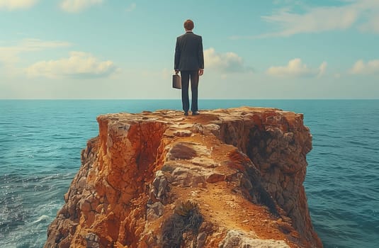 A man in a suit is standing on a cliff, gazing at the ocean below. The natural landscape extends to the horizon, with clouds and sky reflecting on the water
