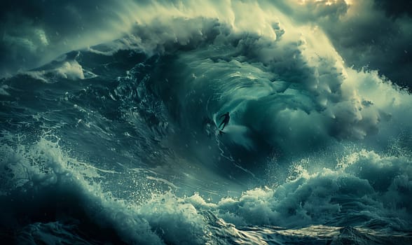 The person is surfing a wind wave in the ocean, surrounded by the fluid atmosphere and under a cloudy sky in the natural landscape