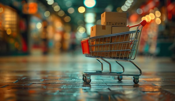 A shopping cart filled with boxes is parked on a damp sidewalk made of asphalt, next to a building with glass windows and hardwood flooring