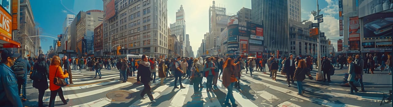 A blurred image of a crowd walking down a city street lined with towering buildings and leafy trees, creating a bustling urban landscape during an event