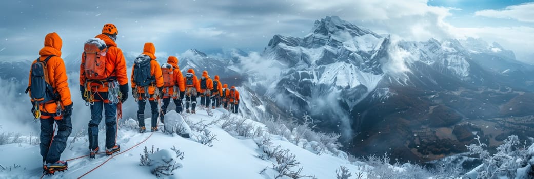 A group of people is trekking up a snowy slope on a glacial landform, surrounded by a freezing winter landscape. They are enjoying outdoor recreation on the icecapped mountain
