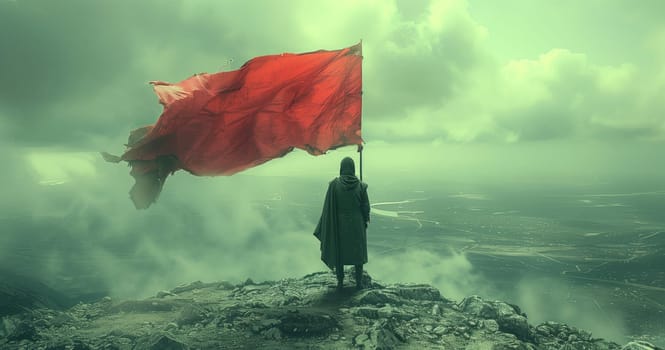 A man is standing on top of a mountain, the wind blowing through his hair as he holds a red flag against the backdrop of a beautiful natural landscape with sky, clouds, water, and grassland