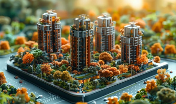 An urban design model depicting a city with skyscrapers, tower blocks, buildings, and trees on a table. The landscape includes terrestrial plants, grass, and groundcover