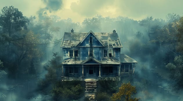 A mysterious house stands tall in a foggy forest surrounded by trees. The eerie landscape is shrouded in mist, creating a spooky atmosphere