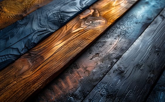 A close up of a colorful stack of hardwood planks, each stained with a different wood stain and varnished. The boards can be used for flooring, tables, or automotive exteriors