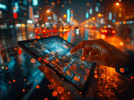 A person is using a tablet computer in a city at night, illuminated by automotive lighting. The urban area is dark and quiet, with midnight approaching and art installations reflecting in the water