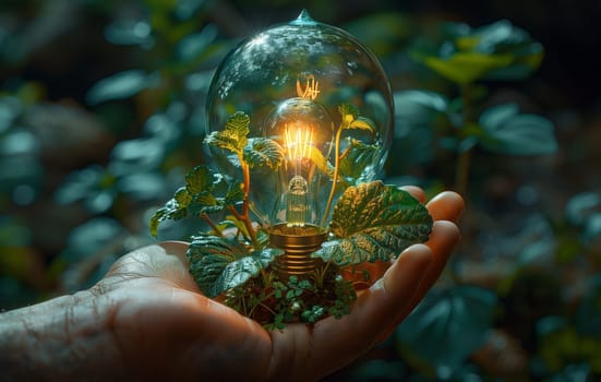 a person is holding a light bulb with a plant inside of it . High quality