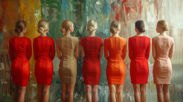 A group of women in red dresses are standing in front of a painting, showcasing the contrast between their elegant outfits and the vibrant artwork