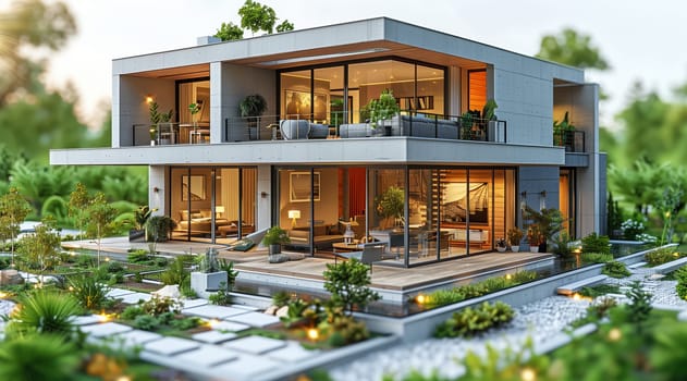 A modern residential property with abundant windows is nestled amidst a lush green landscape of trees and grass, creating a serene and natural atmosphere