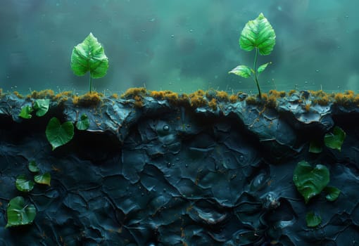 A small terrestrial plant is growing underwater in coastal and oceanic landforms. The green aquatic plant is similar to algae and coral, found among grasses in marine biology research