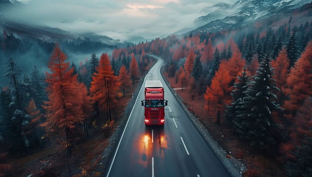 A vehicle with automotive lighting drives down an asphalt road on a mountain with natural landscape, under a sky filled with clouds and surrounded by plants