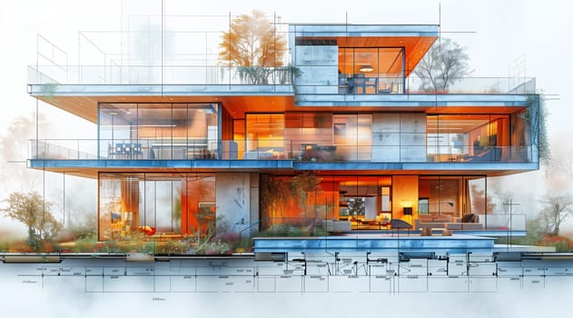 it is a drawing of a modern house with a lot of windows . High quality