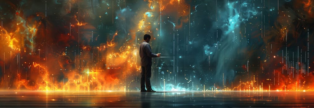 A man is standing in front of a wall of fire, surrounded by darkness. The heat from the flames contrasts with the cool atmosphere in the sky, creating a mesmerizing geological phenomenon