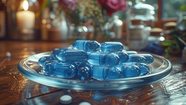 An electric blue glass plate filled with liquid blue pills is resting on a wooden table, creating a unique artistic display