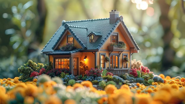 A lovely cottage sits amidst a beautiful natural landscape, surrounded by a field of colorful flowers and lush green grass