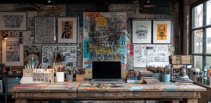 In the center of the room, there is a rectangular wood desk with a metal laptop on display. This artistically designed furniture piece enhances the buildings facade