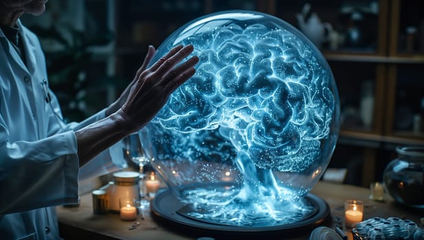 A person is gently touching a glass ball containing a brain, immersed in electric blue water. The scene represents the intricate connection between the human body, brain, and the world of science