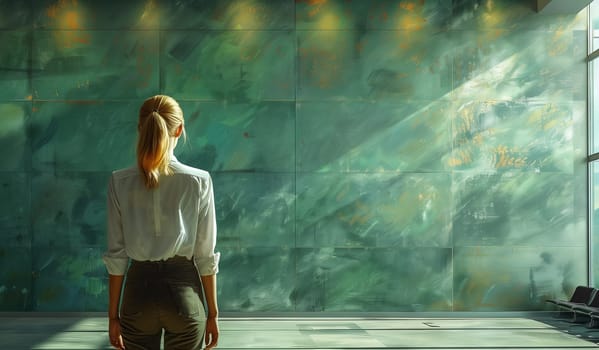 A woman stands by a green wall gazing out a window. Her surroundings are shrouded in darkness, contrasting the vibrant CG artwork displayed on the landscape outside