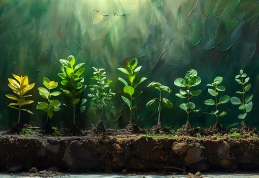 A beautiful painting depicting a row of terrestrial plants emerging from the ground in a natural landscape, showcasing trees, grass, groundcover, and flowering plants in a forest setting