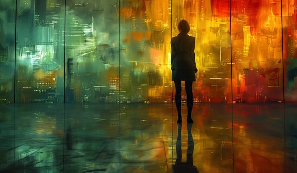 A woman is gazing at a stained glass window, admiring the waterlike tints and shades. The artwork reflects the darkness, adding a touch of heat to the event