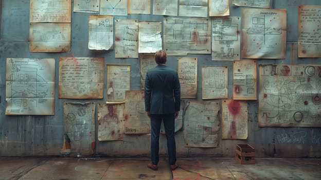 A man in a suit stands in front of a building facade covered in papers. The handwritten notes create an art piece against the wood flooring backdrop