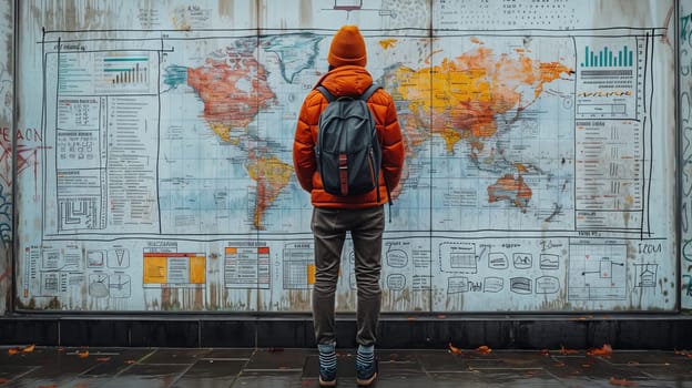 A pedestrian with a backpack stands in front of a world map display device, contemplating the art and patterns of different continents