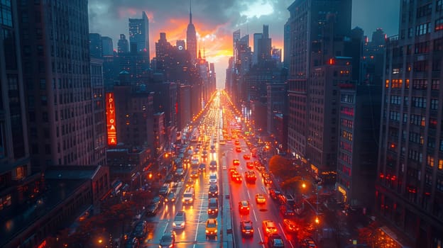 A stunning cityscape with towering skyscrapers and bustling streets at sunset. The atmosphere is filled with the hustle and bustle of cars in the metropolitan area