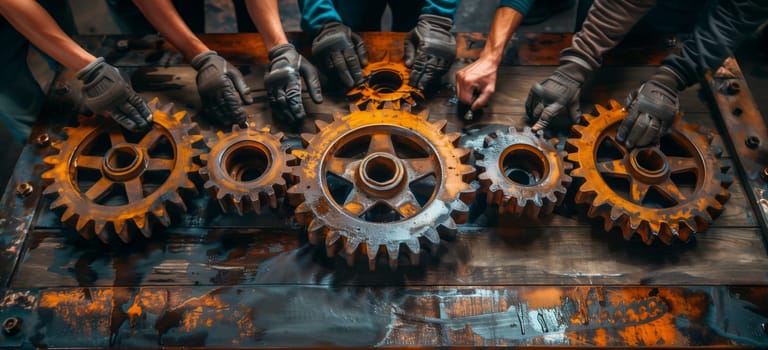 A group of individuals is collaborating on gears at a table, surrounded by automotive tires, bicycle parts, water, rims, and terrestrial plants, combining elements of art, engineering, and auto parts