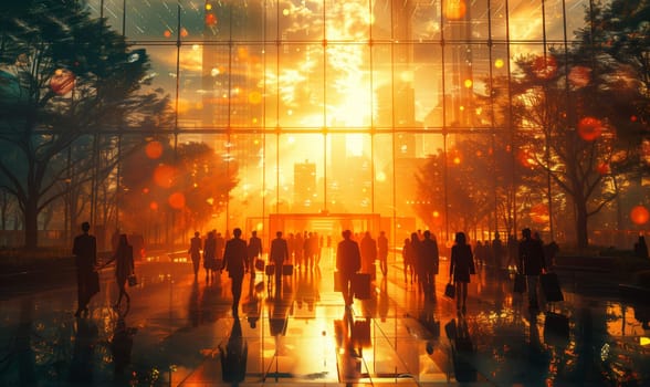 A group of individuals is strolling in front of a building with a blazing fire in the background, creating a dramatic atmosphere with the heat and flames against the landscape