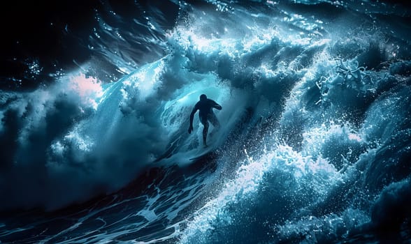 Surfing enthusiast riding a wave on his surfboard at night, using sports equipment and enjoying outdoor recreation in the water with the help of wind