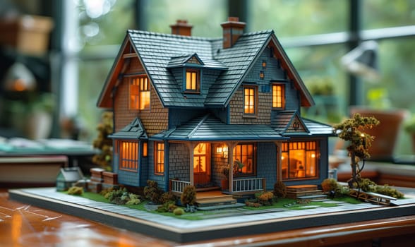 A model cottage with a wooden siding facade, plant decoration, and roof is showcased on a table, representing real estate and building design