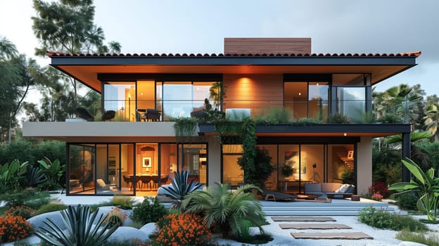 The house, made of brick, features a spacious porch and a beautiful facade. Surrounded by lush trees and colorful flowers, it stands out against the clear blue sky in the scenic landscape