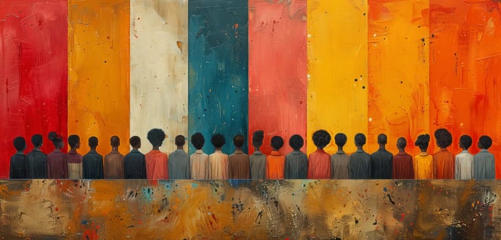 An art painting featuring a group of people standing side by side against a vibrant, colorful background with shades of magenta. A striking visual representation of unity and diversity