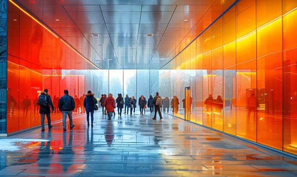 A group of people are strolling through a tunnel adorned with visual arts, enjoying leisurely walk in the city while appreciating the symmetry and artistic elements of the architecture