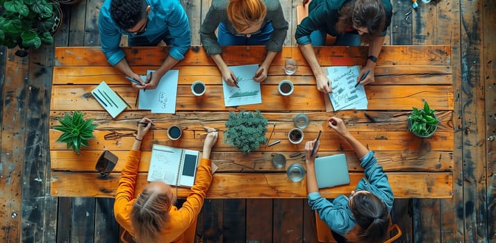 A group of people are leisurely sitting around a wooden table in an urban park, sharing art, fun, and travel stories. The table is painted in electric blue, surrounded by lush green grass