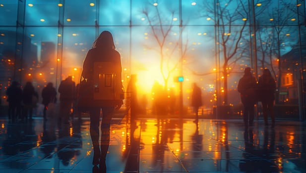 A woman is standing by a window, observing the natural landscape of the world outside. The atmosphere is filled with heat, as the sky meets the horizon in a stunning landscape