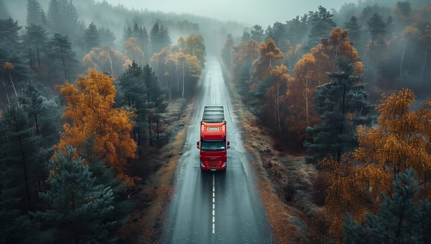 A red truck with illuminated automotive tail brake lights drives along an asphalt road through a wooded landscape, with trees reflected in the automotive mirrors