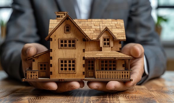 A man in a suit is holding a wooden model house in his hands, showcasing his creativity in building. The house features windows, grass, and sits next to water