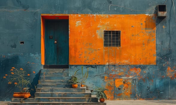 A unique building painted in shades of blue and orange with wooden stairs leading up to the entrance. The facade combines art and architecture beautifully