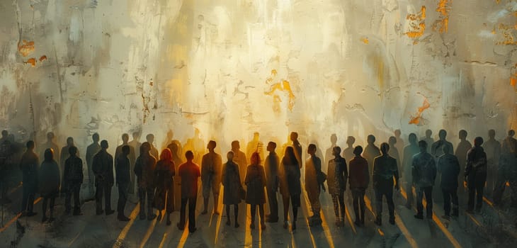 A painting depicting a crowd of people standing together at an art event, with vibrant colors creating symmetry and providing visual entertainment