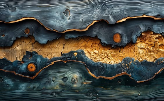 A close up of a piece of wood displaying a painting of a natural landscape with electric blue waves and wind waves, featuring rocks and organisms in a fluid and dynamic composition