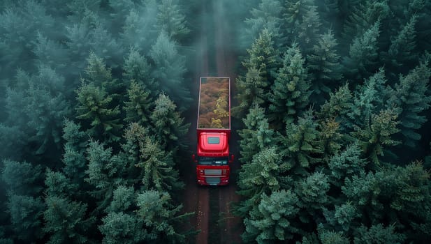 An aerial view of a motor vehicle driving through a forest, with the automotive lighting and tail brake lights illuminating the road surrounded by trees and terrestrial plants