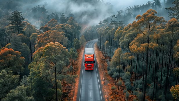 A red vehicle is traveling on an asphalt road surrounded by trees in a natural landscape. The vehicle is driving through a forest with clouds overhead