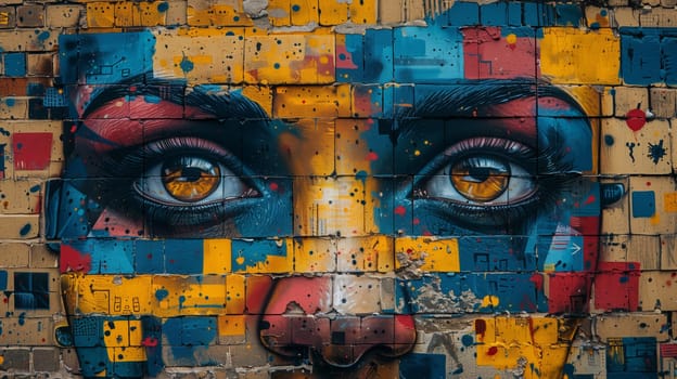 A vibrant painting of a womans face with an electric blue iris and detailed eyelashes is displayed on a brick wall, blending graffiti art with intricate patterns at a cultural event