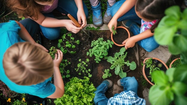 A woman and girls are leisurely planting hair, plants, and houseplants in flowerpots on the grassy garden, sharing the joy of terrestrial plant adaptation. AIG41